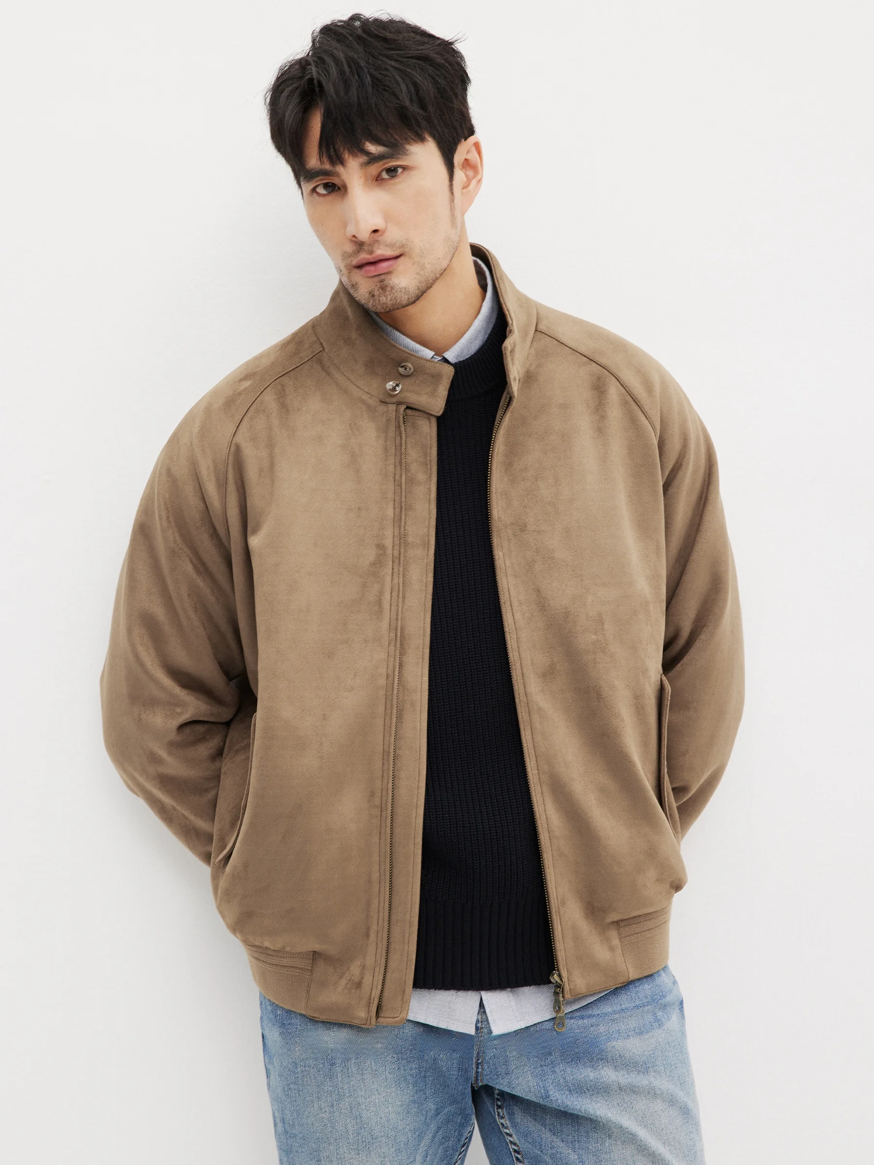 

JSSD HOMME Men's Casual Suede Jaet Stand Collar Zipper Closure Long Sve Busin Gentleman Sle Spring Autumn Outerwear