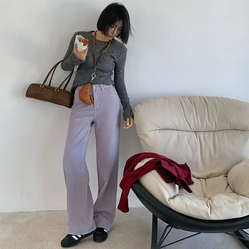 

Lilac Purple Denim Wide-leg Straight-leg Pants for Women's Autumn New Narrow Design Style Leather Brand Pants Jeans for Woman