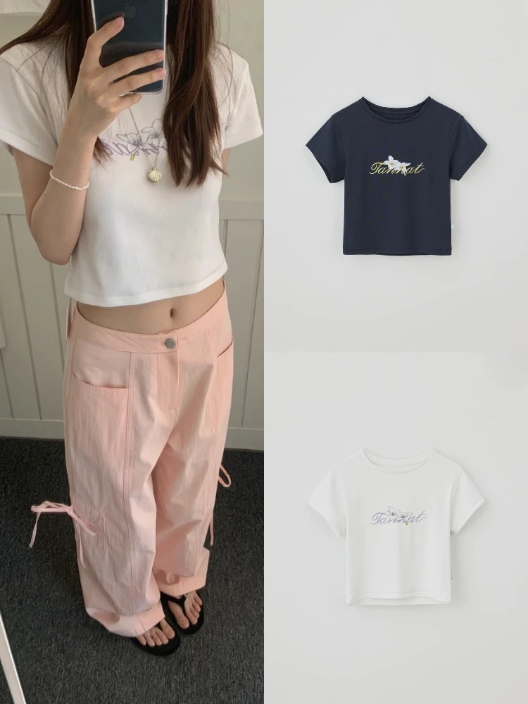 

ort Sve Pure Color Футболка женская Slim Fit Belly ow Топ Dongda Gate Цветочный буквенный принт Летняя поездка на работу Sle Base irt