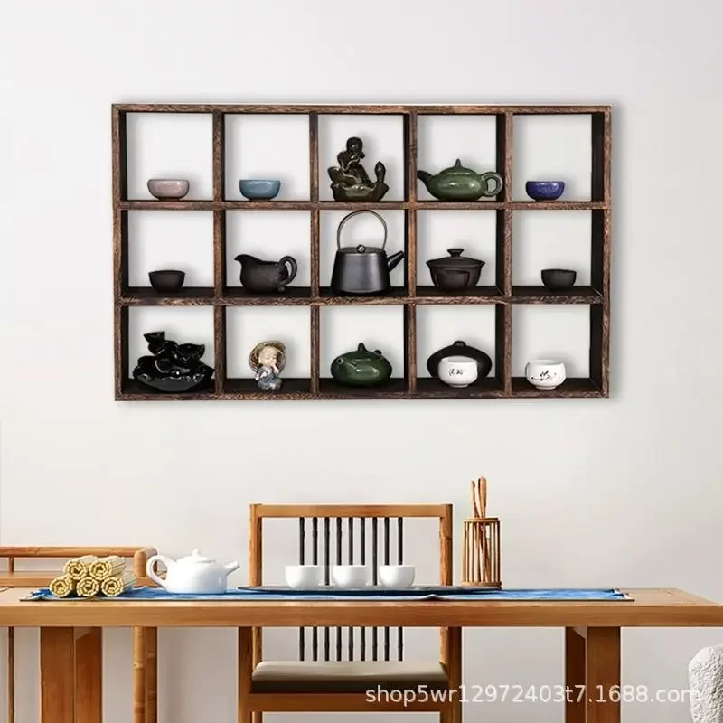 Solid Wood Wall-Mounted Display Shelf Vintage Tea Set Organizer Chinese-Style Curio Cabinet Decorative Hanging Storage Rack