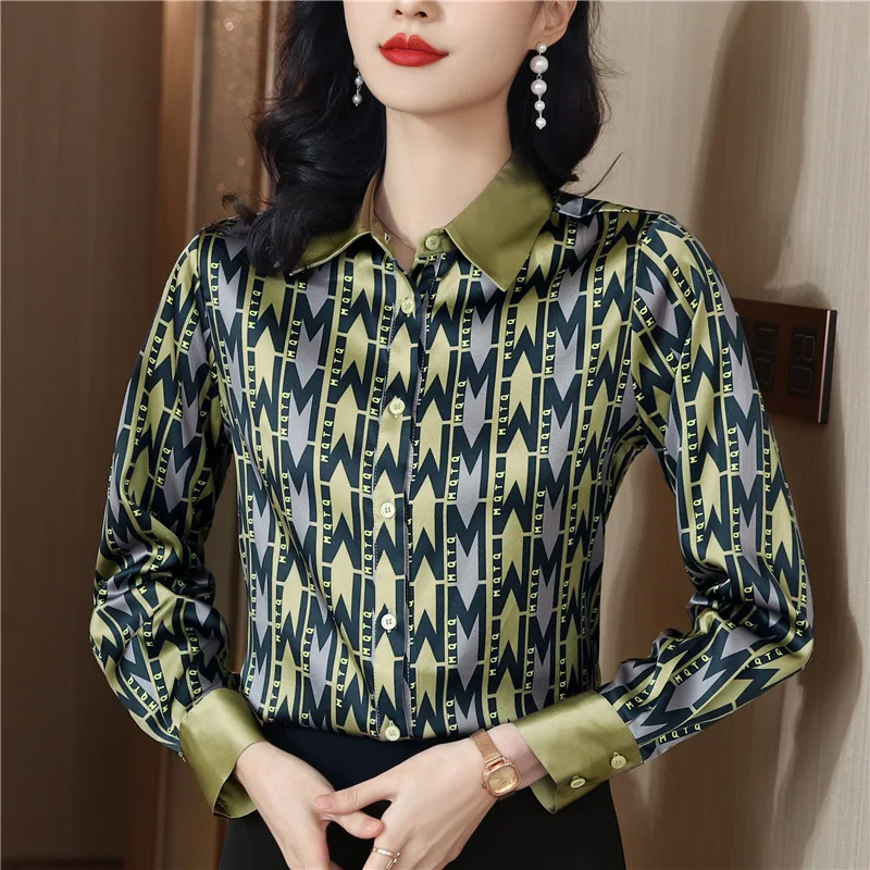 2023 New Spring Autumn Women Top Silk Shirts Blouses Elegant Office Ladies Long-Sleeve Vintage Print Satin Shirt Female Clothes