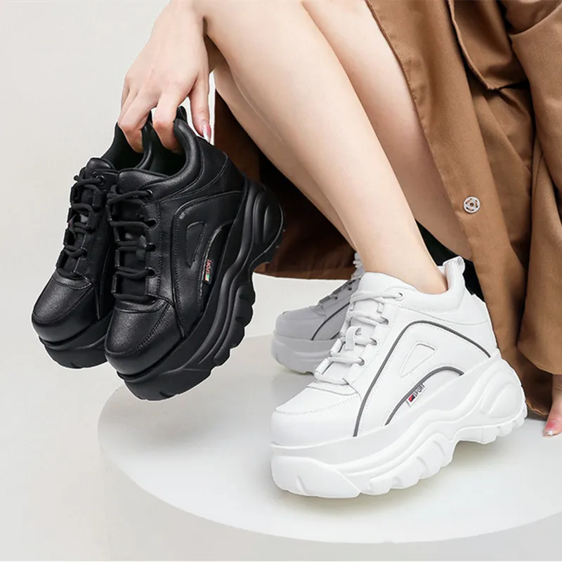 

High Quality Soft Leather Lace Up Sneakers Women Light Comfortable Platform Shoes Height Increase Design Women's Sports Shoes