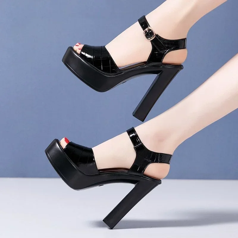 10cm 13cm Fashion Genuine Leather Sandals Chunky Platform Shoes Summer 2025 Block High Heels Sandals for Model Office Party view 6