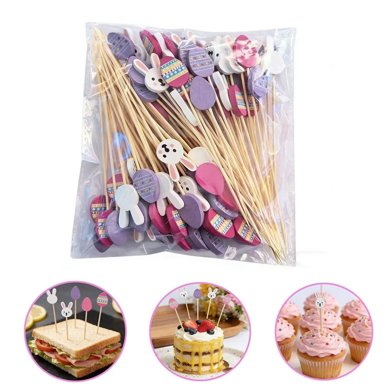 100 stücke Hase Eier Bambus Spieß Essen Picks Zahnstocher Spieß Obst Kuchen Gabel Sticks Kinder Ostern Dekoration Kaninchen Party Liefert