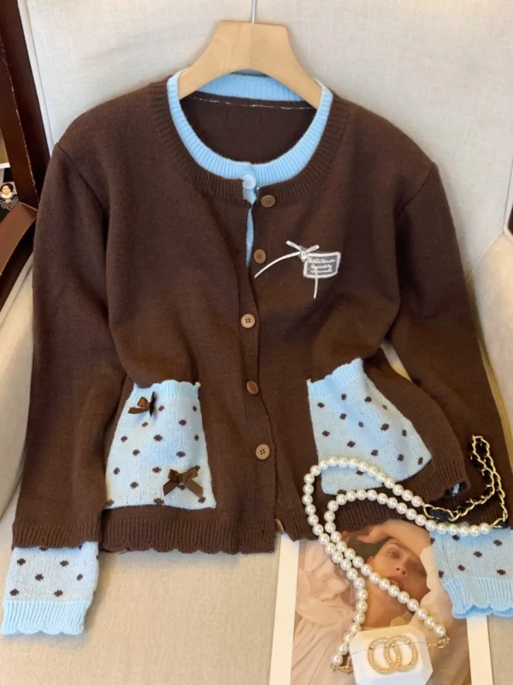 

Поддельные вязаные кардиганы из двух частей, женские осенне-зимние модные уникальные цветные блокирующие топ в горошек с круглым вырезом