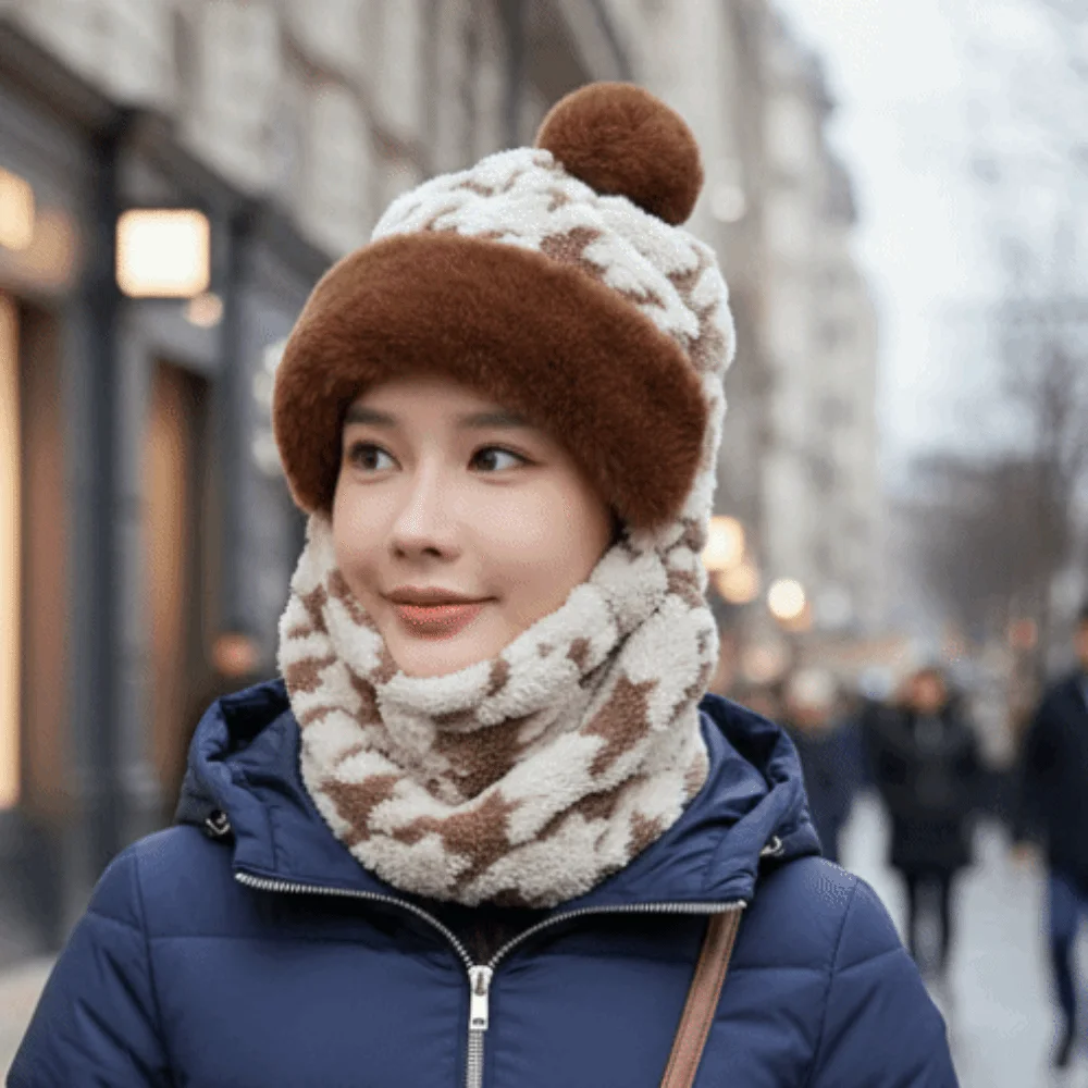 

Thicken Plush Ski Mask Scarf Hat Houndstooth Pattern Thermal Cycling 4in1 Hat Breathable Windproof Neck Cover Face Cap Camping