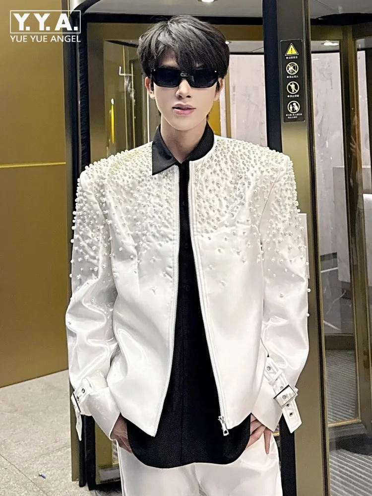 

Mens Pearls Beading Party Jacket Loose Fit Stage Show Outwear Coat Night Clubwear Tops Male Zipper O Neck Casual Fashion Jackets