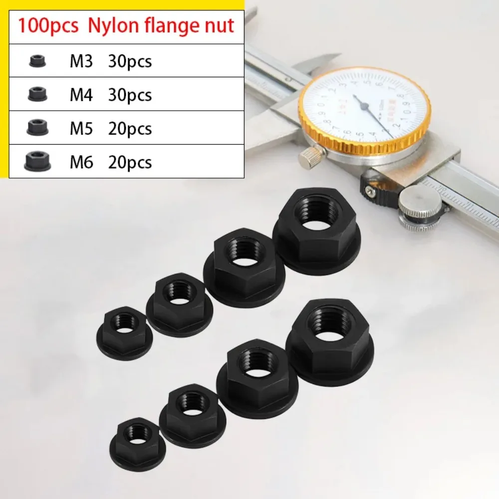 37/100 schwarze Nylon-Sechskant-Flanschmuttern, 7 Größen: M3, M4, M5, M6, M8, M10, M12; schwarze Sechskant-Flanschmuttern-Befestigungselemente.