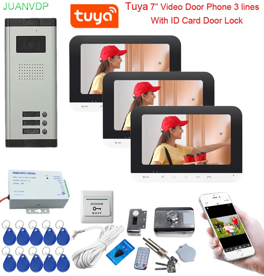 3 Lines Apartments Home Intercom with Rfid Access Control Lock Call 3 Buttons Video Door Phone Tuya  7Inches Wifi Monitor