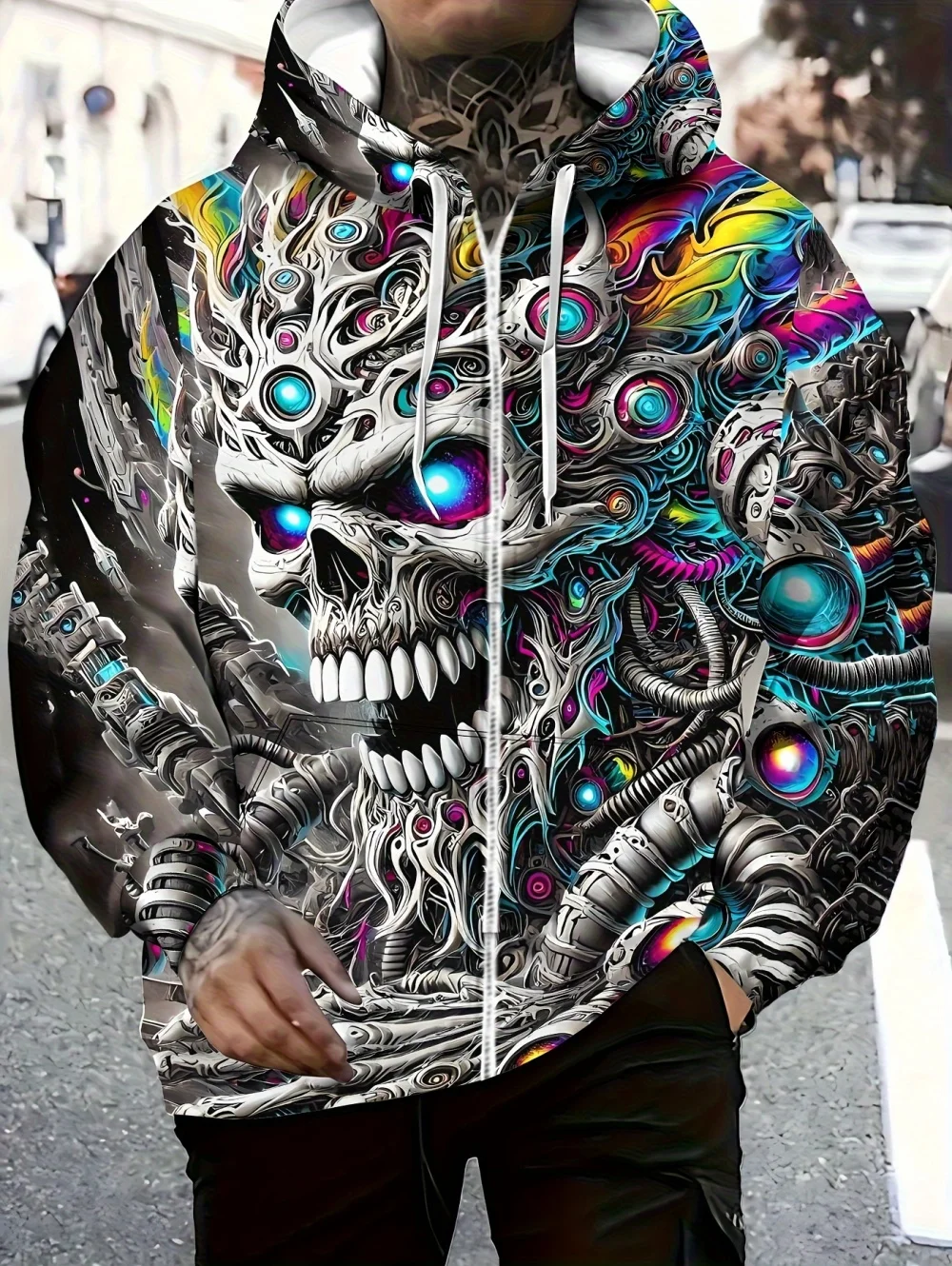 

Men Skull Gothic Zip Hoodie Skull Graphic Sweatshirt Front Pockets Adjustable Drawstring Hood Lightweight Sweatshirts Outerwear