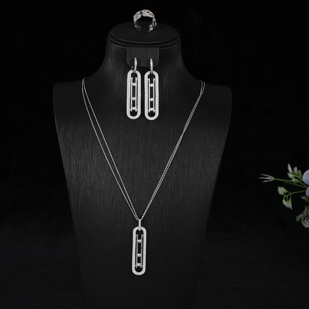 Luxury AAA Zircon Paper Clip Necklace Sweater Chain Earrings Ring Set For Women High Quality Party Wedding Jewelry S425