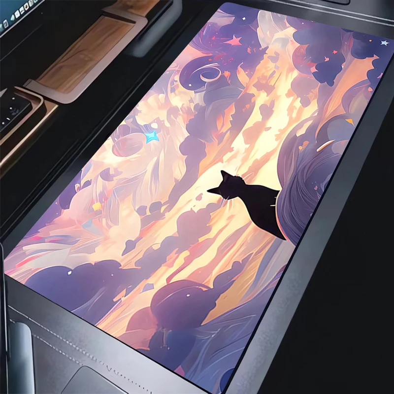 

Игровой коврик для мыши с прошитым краем, нескользящая резиновая основа, расширенный настольный коврик с облаками и котом, коврик для клавиатуры, коврик для мыши для офиса, домашнего компьютера