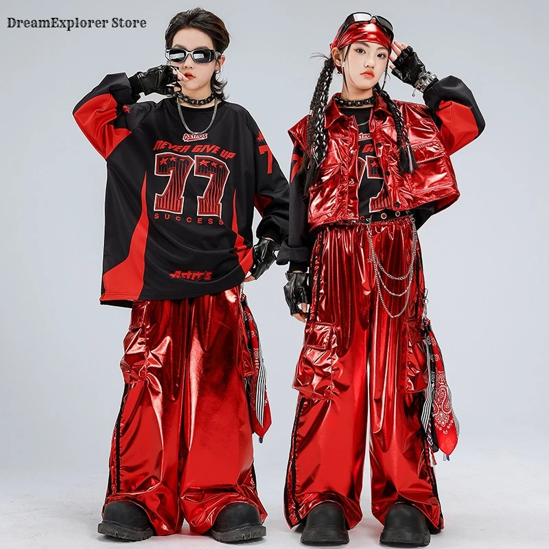 Conjunto de Roupas Hip Hop para Meninos, Colete Brilhante, Calças Cargo para Dança de Rua, Roupas K-pop para Meninas, Fantasias Vermelhas de Jazz para Crianças, Moda Streetwear Infantil