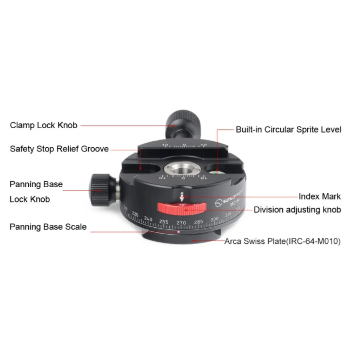 SUNWAYFOTO Statiefkop Panoramische indexering Rotator Quick Release-klem met 4, 8, 12, 24 palen Klikstops Arca
