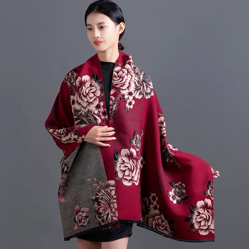 65*190Cm Plus Size Shawl and Wraps Women Jacquard Flower Cashmere Blend Pashmina Bufanda Warm Scarf Echarpes Blanket Scarves