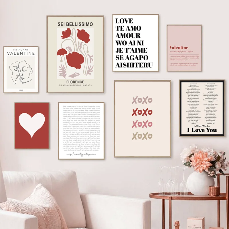 Valentine's Day Red Heart Wall Art Abstract Beige Line Poster Nordic Alphabet Blessing Canvas Painting Living Room Decoration