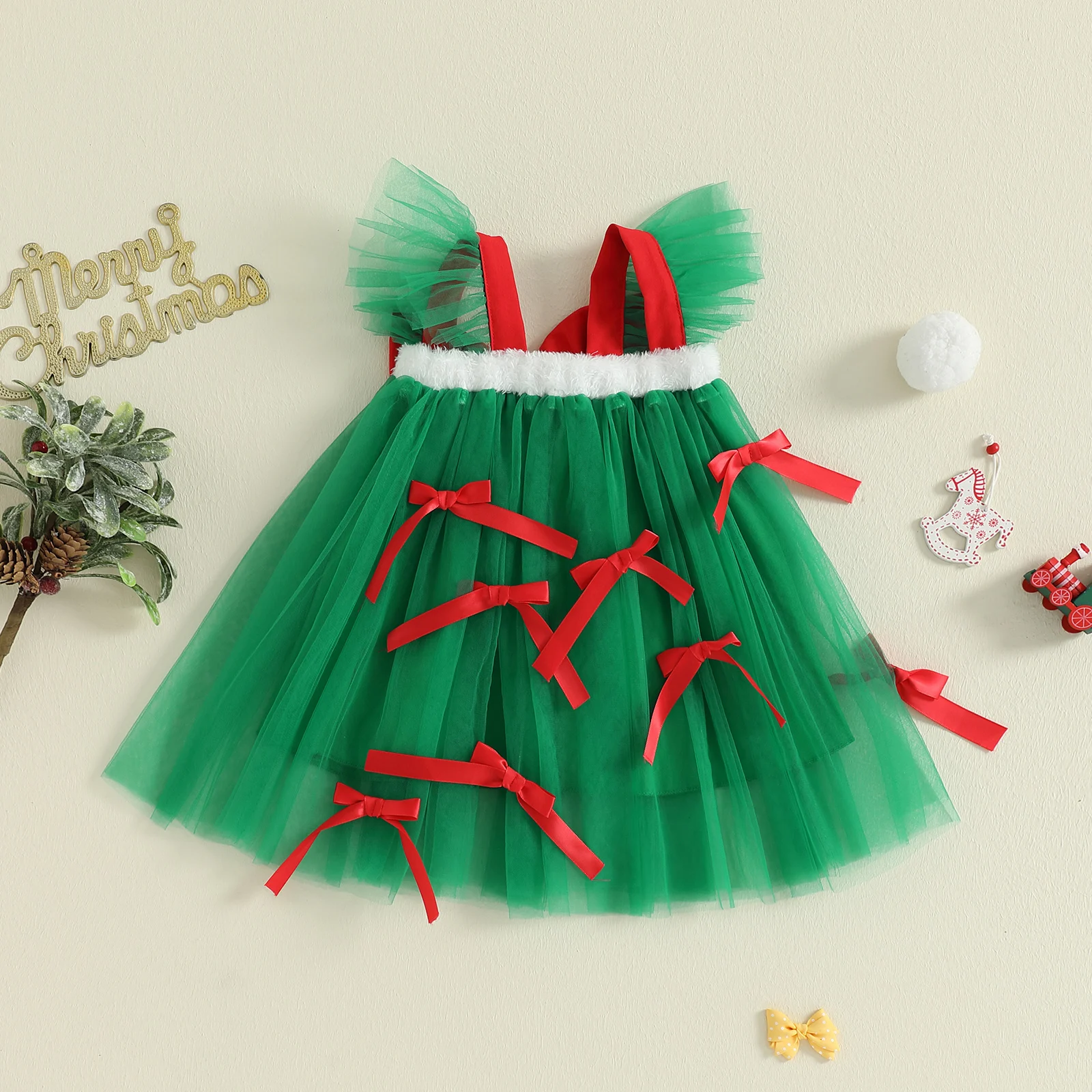 

Toddler Baby Girl Christmas Dress Solid Color Decorative Bows Square Neck Flying Sleeve A Line Mesh Dress for 0-4 Years