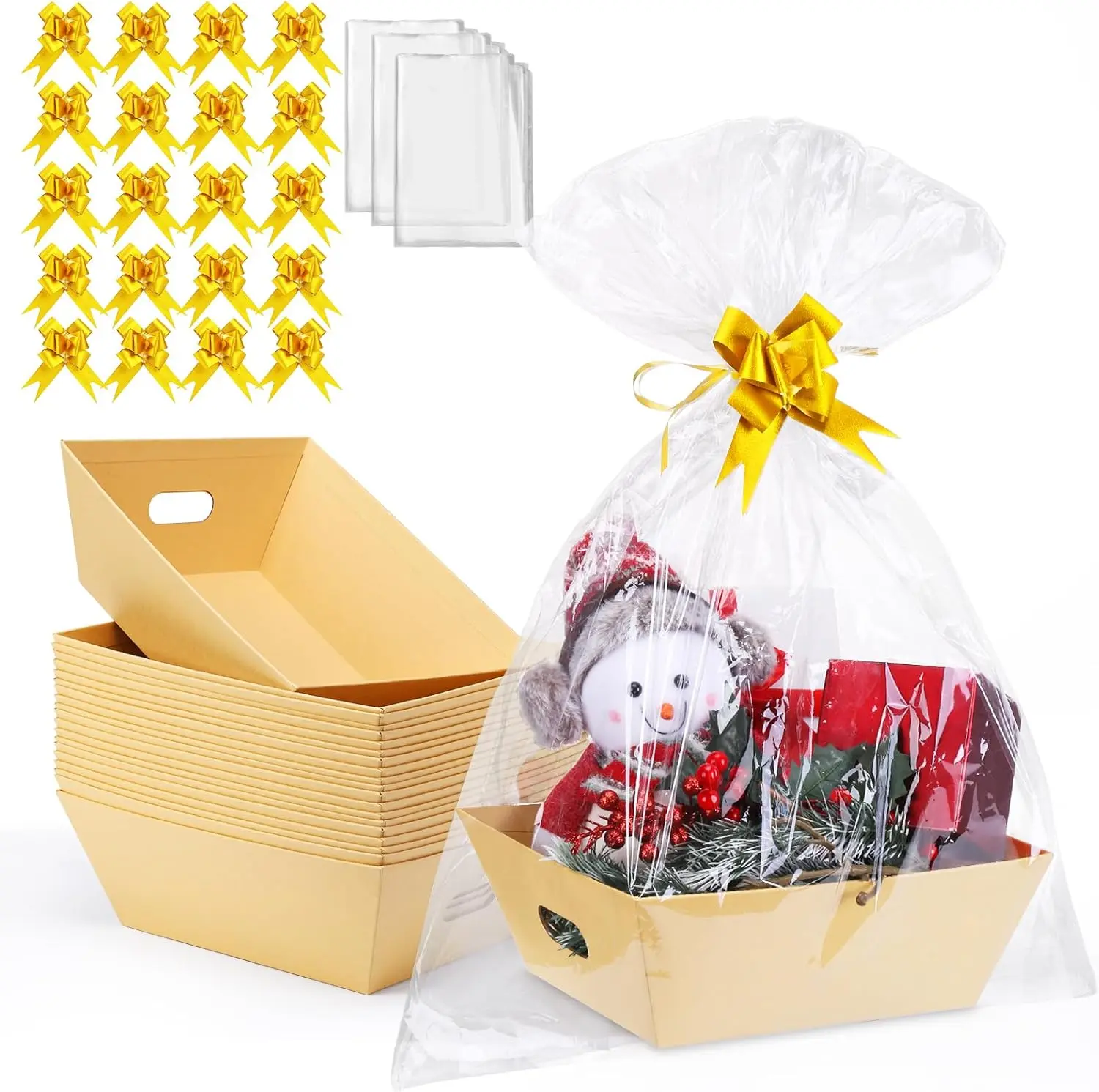 Paquete de 20 Cestas para Regalos Vacías, Cesta de Regalo de Papel Kraft Grueso de 10x12” con 20 Lazos y 20 Bolsas, Cestas de Regalo Vacías para Navidad, San Valentín
