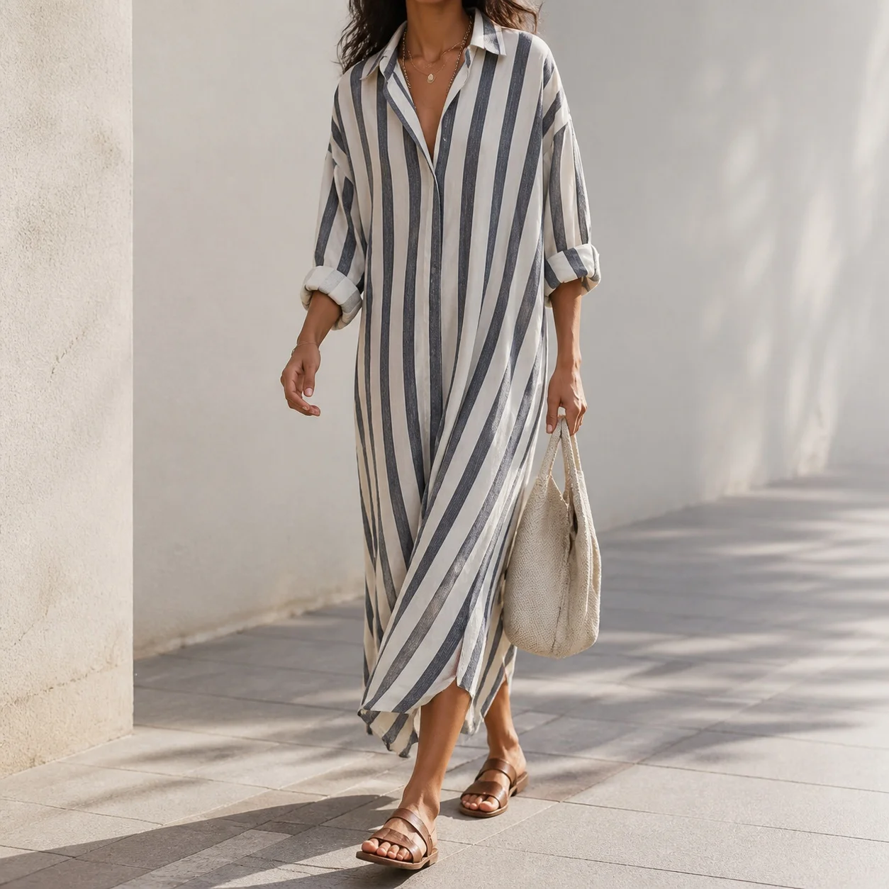 Striped Loose Fit Dress with Nine Tenth Sleeve Elegant Commuting Women Casual Dresses Plaid Shirt Collar Printed Maxi Length