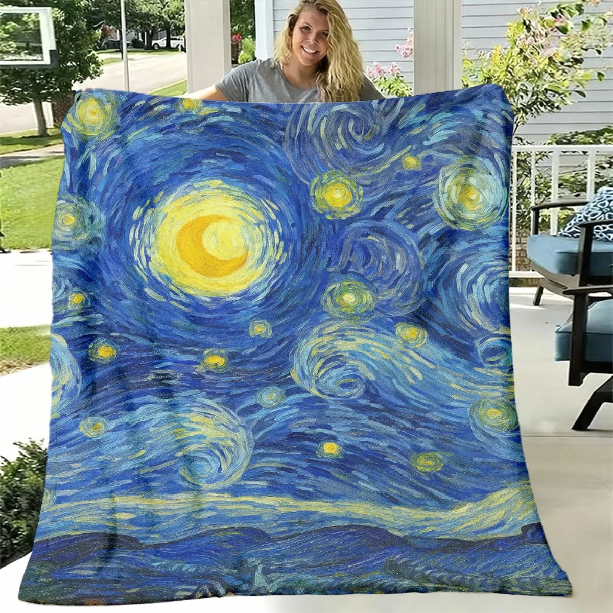 Starry Sky Throw Blanket  Swirling Blue Night Sky Moon Stars Classic Impressionist Landscape Oil Painting Art Decor for Blanket