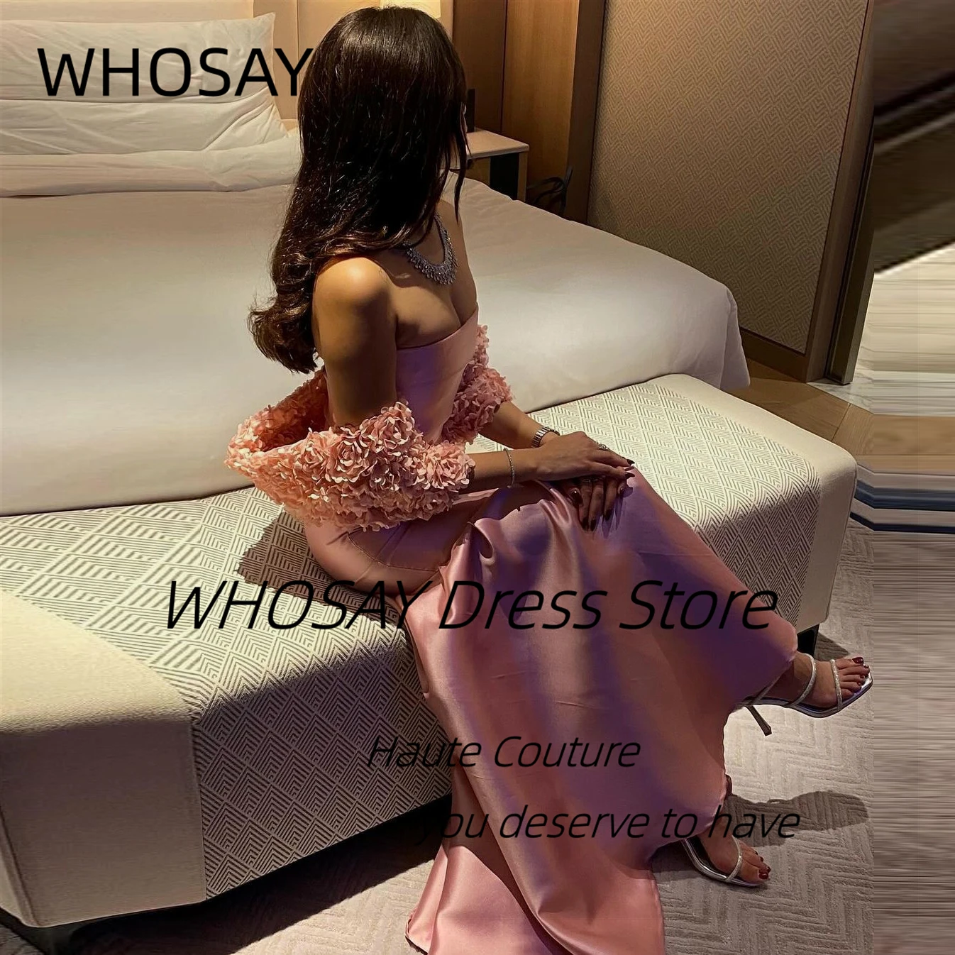 

WHOSAY Vestidos Des Fiesta Strapless Prom Dresses Long Mermaid Evening Party Gowns with Flowers Wraps Wedding Guests Dress