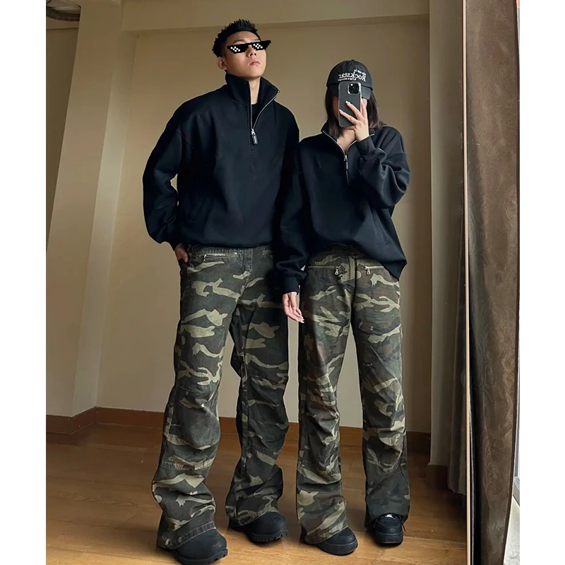 

Американские винтажные камуфляжные джинсы для мужчин: свободные прямые брюки в рабочем стиле, модные уличные штаны для активного отдыха