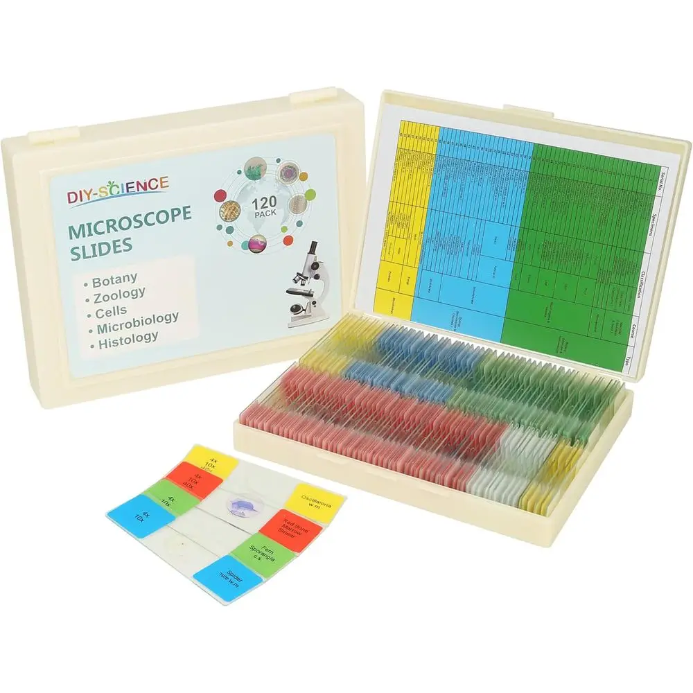 

120 MicroSlides with Specimens Set, Lab-Grade Prepared MicroSlides or Kids Adults, Animal/Plant/Microbe/Tissue/Cells, STEM Biolo