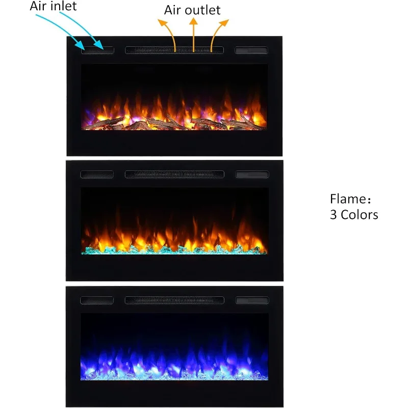 PuraFlame Alice 36 Inches Recessed Electric Fireplace, Flush Mounted for 2 X 6 Stud, Log Set & Crystal, 1500W Heater, Black