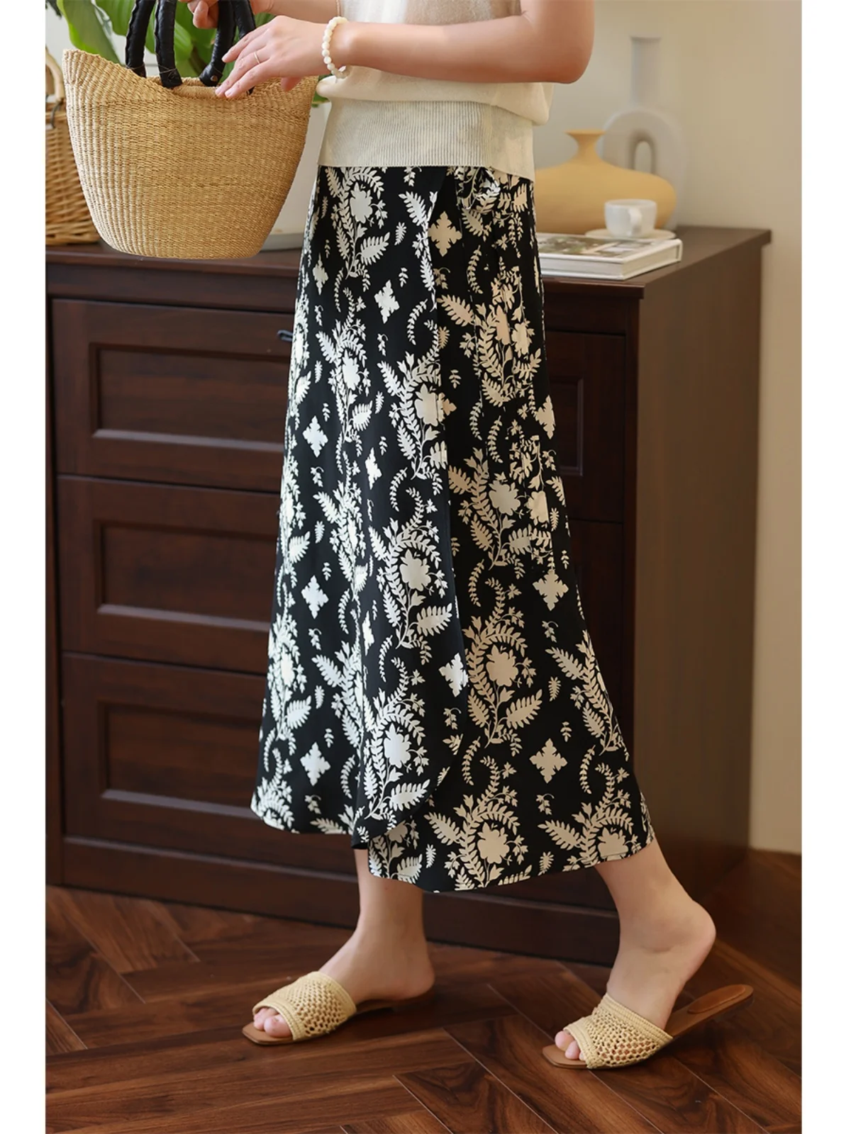 

Шелковая юбка А-силуэта с цветочным принтом, с запахом, с завышенной талией, винтажная, женская, повседневная, высокого качества, китайского производства, летняя