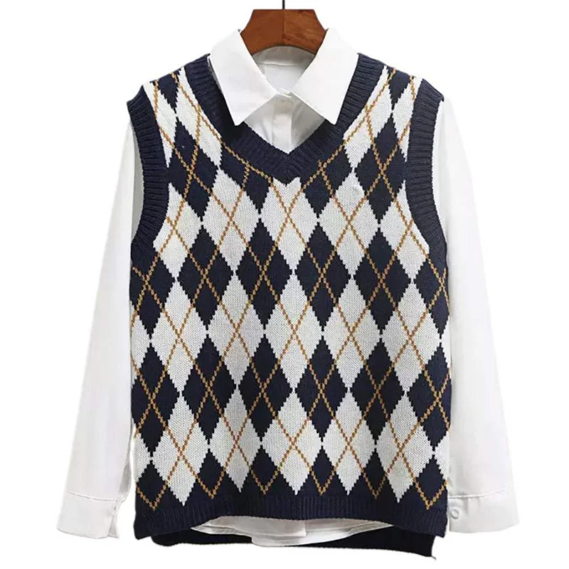 Women Sweater Vest Top Spring Autumn Fashion Loose Fit Argyle Pullover Knitting Vest Women Sleeveless V-neck Hollow Out Vest