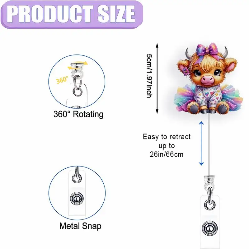 귀여운 하이랜드 소 배지 홀더 - 간호사, 교사, 사무직을 위한 2D 아크릴 ID 클립.