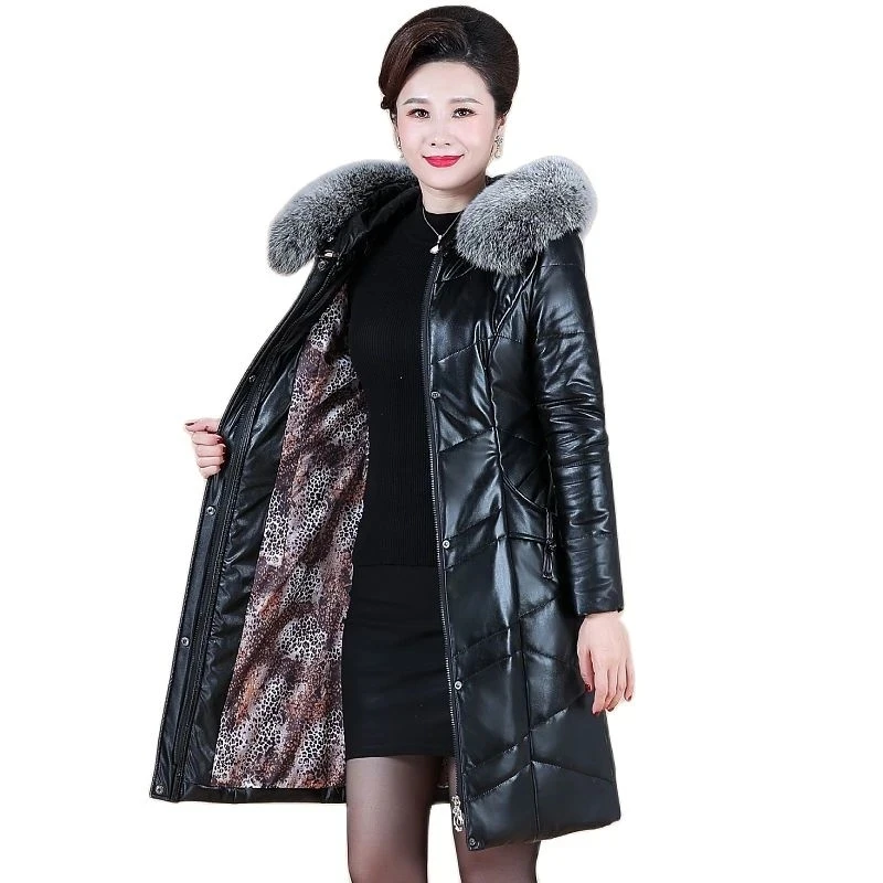 2025New Winter Pu leather Parka Women Down Cotton Jacket Furry Collar Coat Female Thicken Warm Mid Long Leather Jackets Tops 8XL