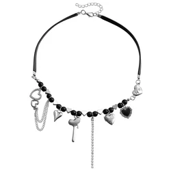New Fashion Necklace Dark Wind PU Leather Choker Hip Hop Beaded Heart Fringe Necklace Stainless Steel Jewelry