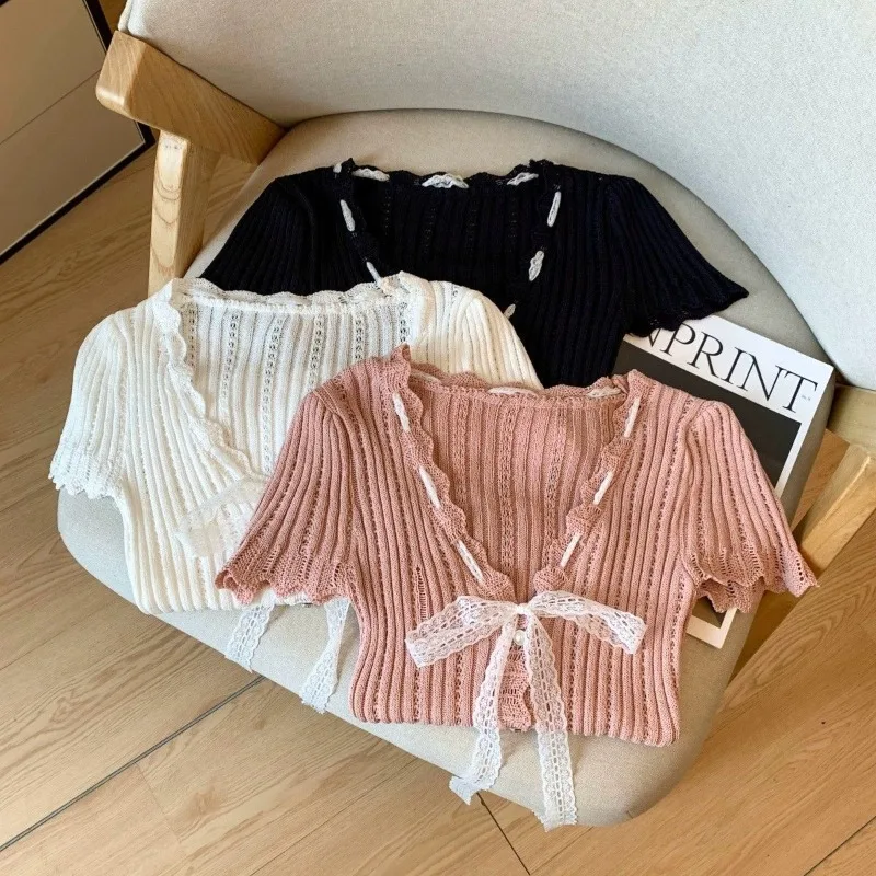 Tops T-shirt Women's Summer V-neck V-neck Lace Tie-front Short Sleeves Knit Slim Fit Waist-cinching New Comfortable Distinctive