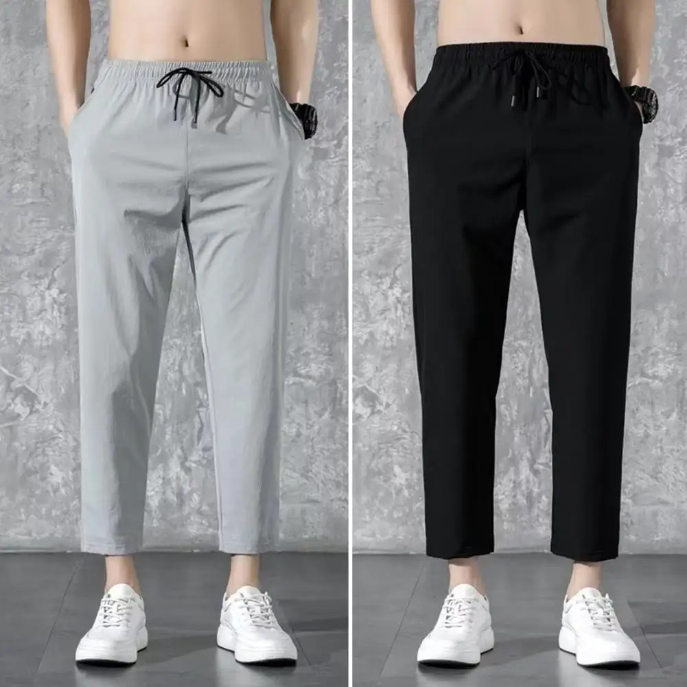 Мужские повседневные брюки стандартного кроя, стильные мужские повседневные брюки с усиленными карманами, однотонные летние брюки с завязками на талии