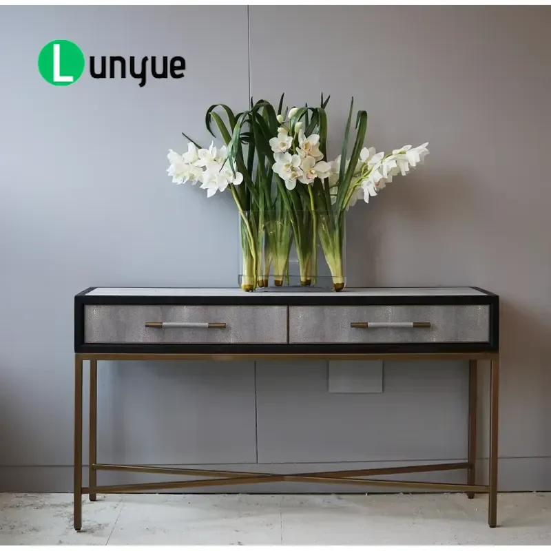Modern Wood Console Table with Gold Brass Metal Frame and Drawers for Entryway Hallway Living Room Furniture Storage Decor
