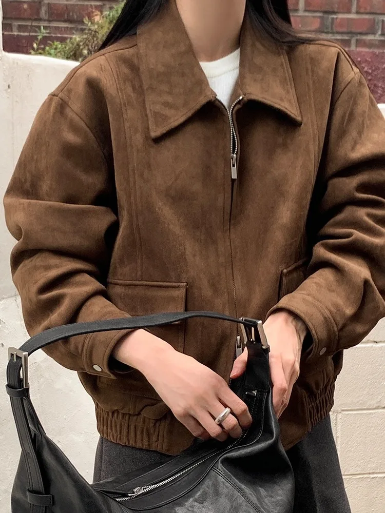 Invierno Chic gamuza larga Sve Jaet mujer Hong Kong Sle diseño Retro Sense Long Sve Top suelta ajuste ort abrigo