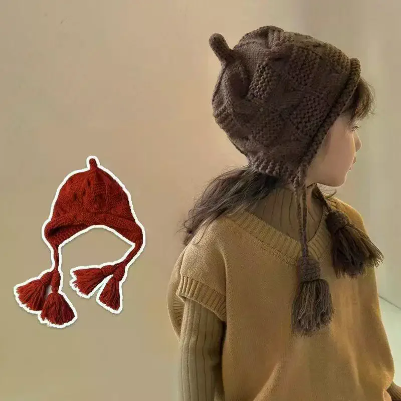 قبعة صوفية بغطاء للرأس للأطفال؛ برباط شرابة، تصميم من الصوف المحبوك المقاوم للرياح؛ مثالي للخريف والشتاء. #1