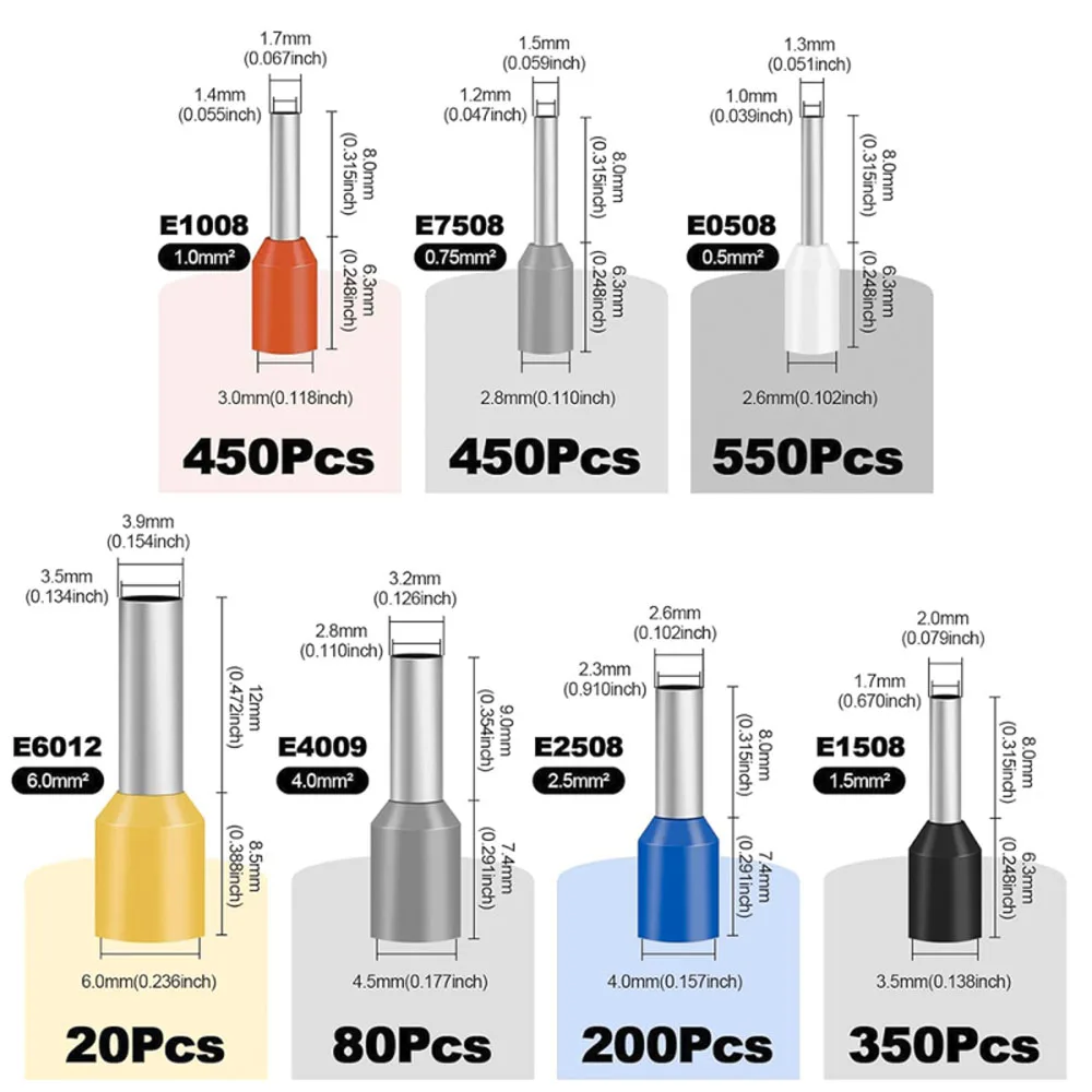 

2100 шт. AWG 22/0,4 мм2- AWG 10/6,0 мм2, комплект наконечников для проводов, изолированные медные обжимные соединители, обжимные концевые клеммы для шнура