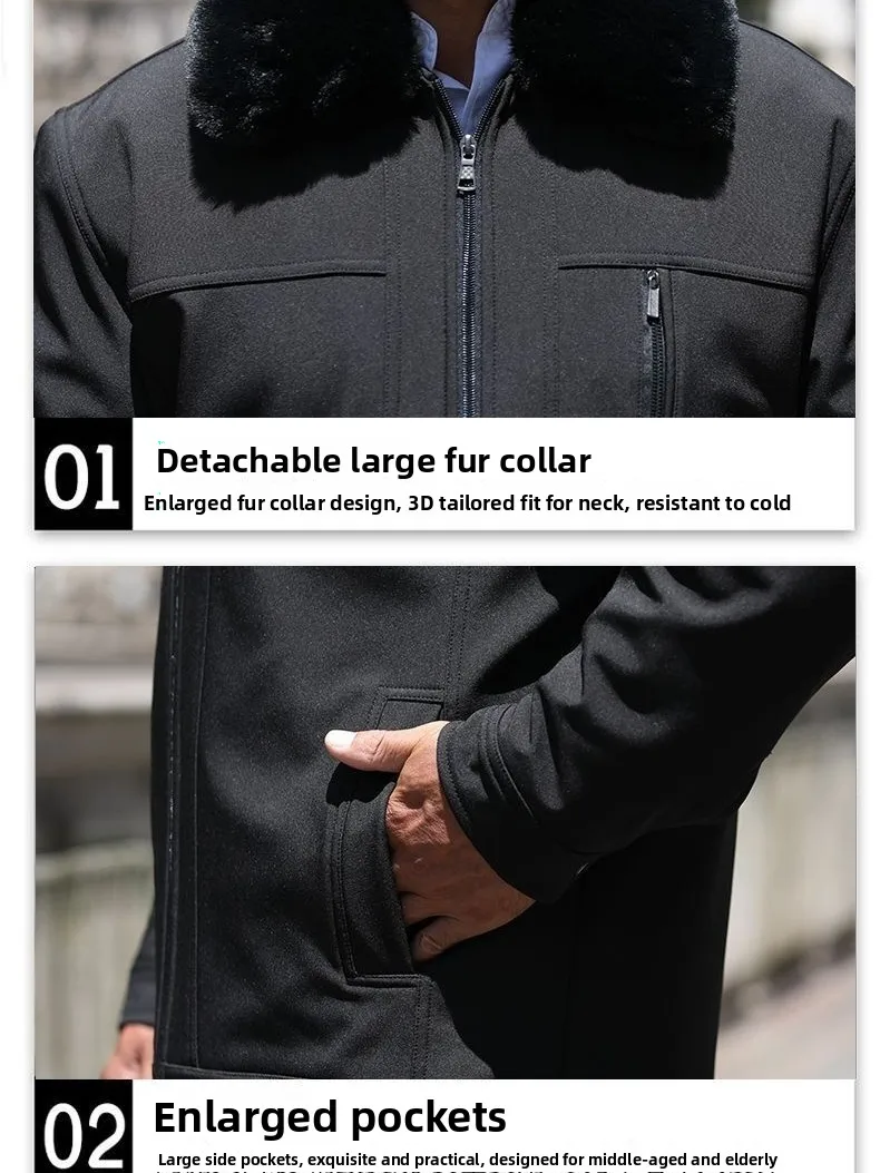 سترة شتوية سميكة من الصوف للرجال بأسلوب عملي غير رسمي بلون واحد على طراز الجد معطف دافئ ومريح من القطن