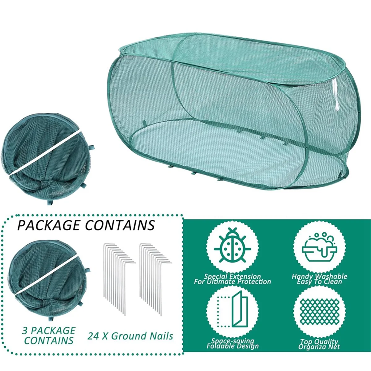 AT59 3Pcs 99x40x45cm Garden Plants Cover with 24 Ground Nails,Mesh Netting Covers Net Cage Guard Protector for Plant