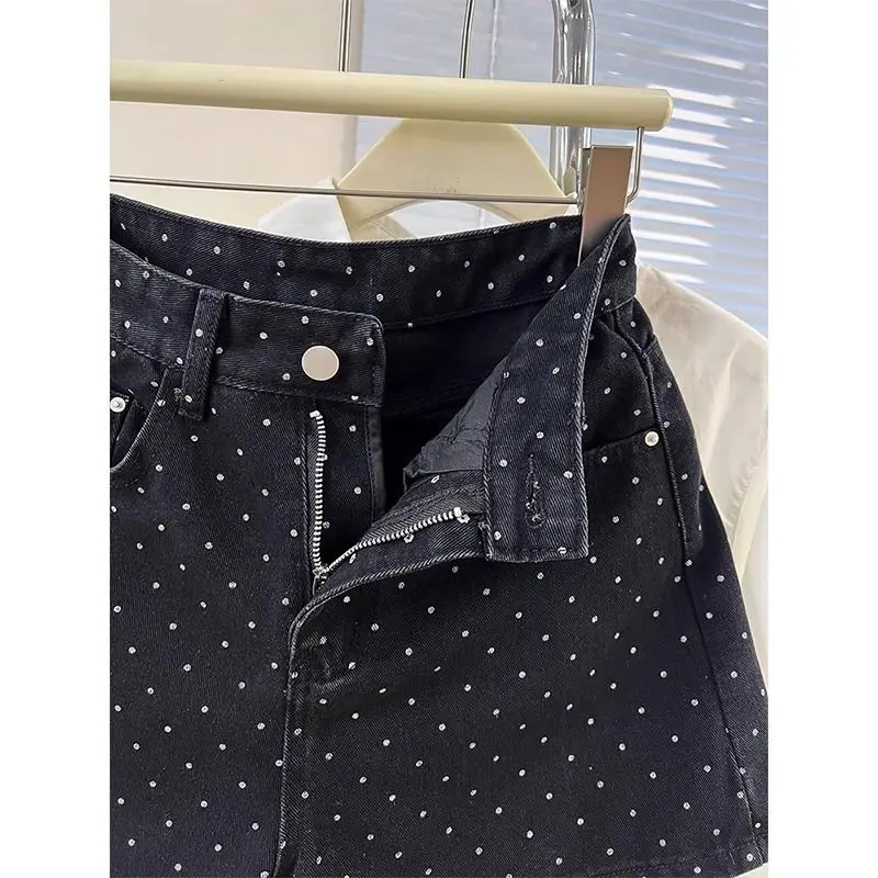 Black polka dot denim shorts for women's summer new high waisted versatile loose pear shaped  slimming A-line wide leg pants