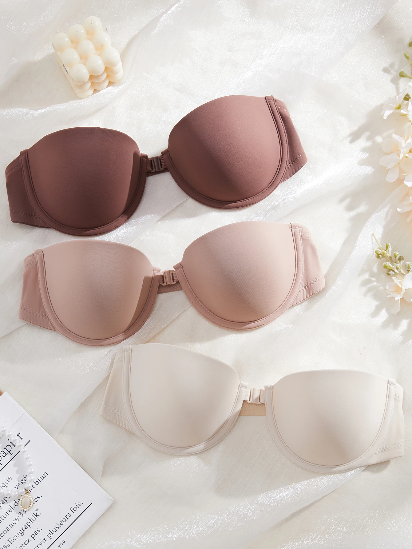 3PCS Women Strapless Front Closure Underwire Push Up Bra Solid Basic Non Slip Bandeau Comfort Daily Lingerie
