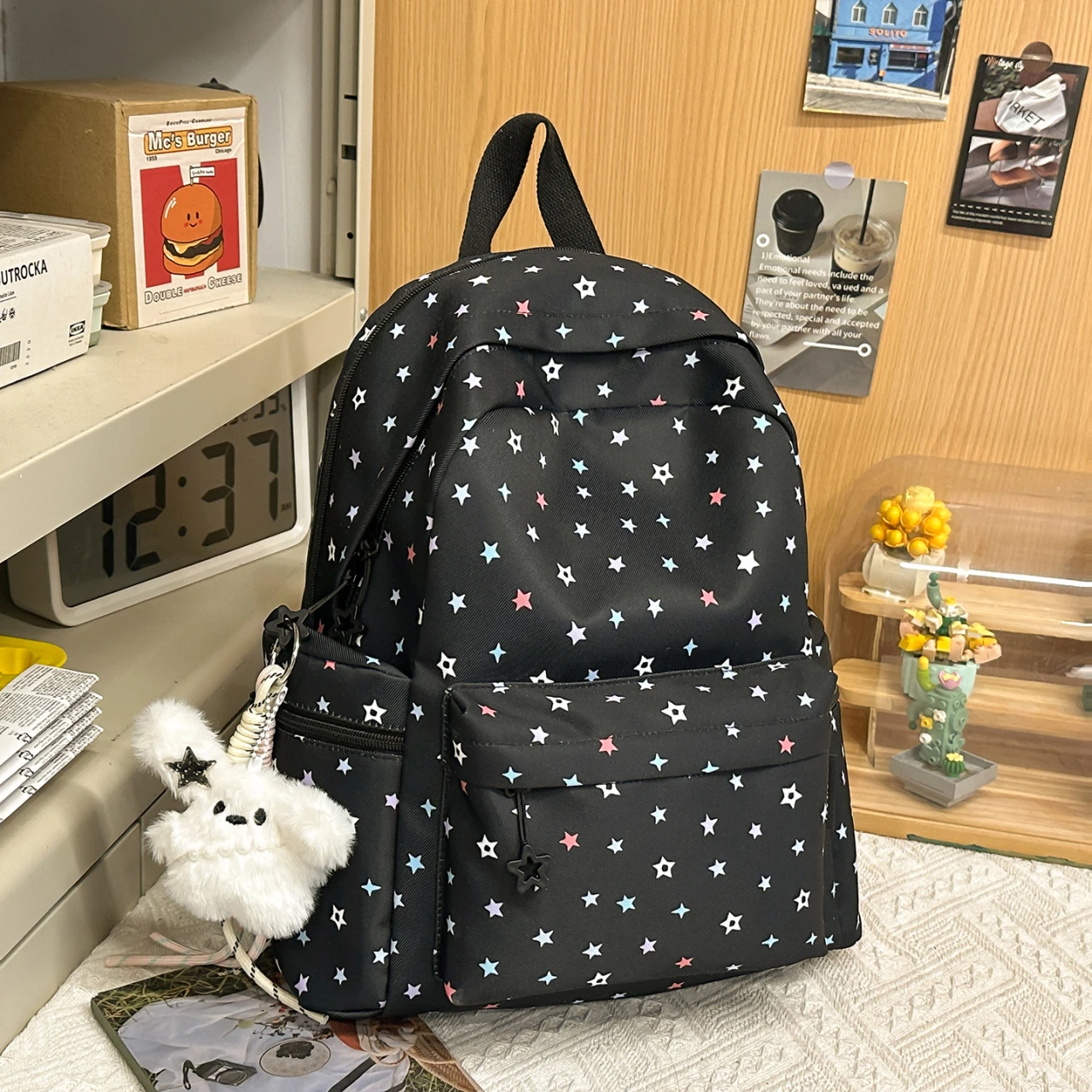Cute Star Print Backpack for Girls Dopamine Color School Backpack with Fluffy Doll Pendant Lightweight Student Travel Rucksack
