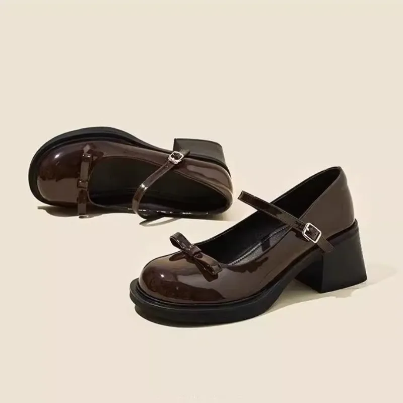 

Retro Mary Jane Shoes Women's Chunky Heel Butterfly Knot Japanese JK Style Brown Buckle Strap Simple Design Summer Shoes，35-39