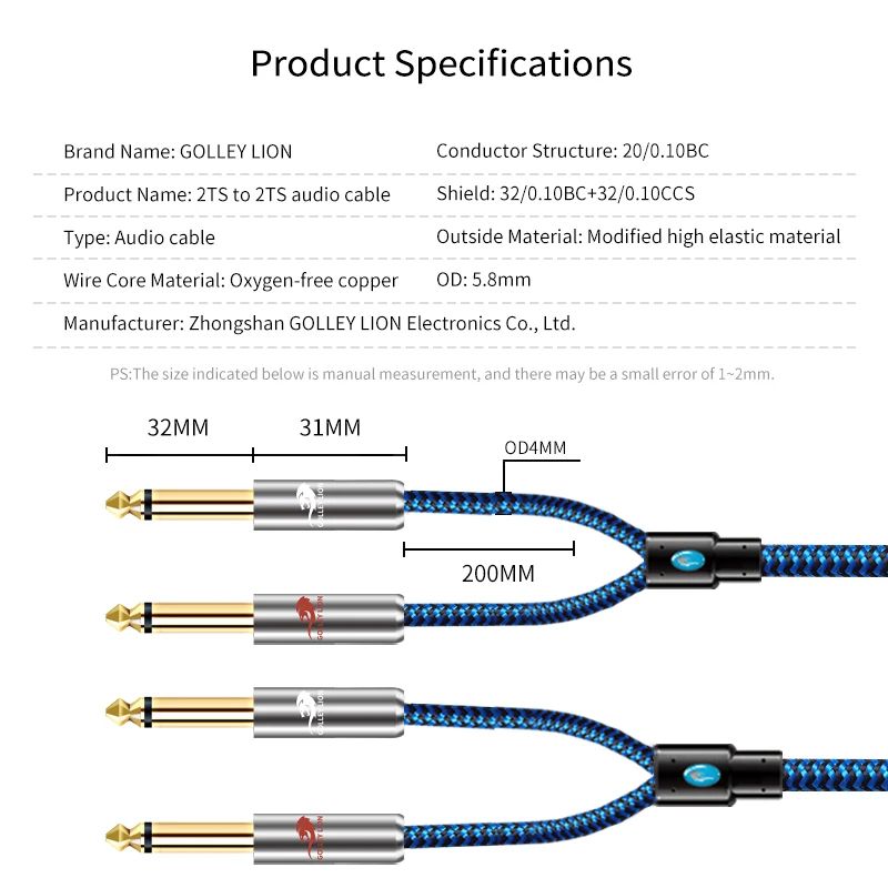 Dual 1/4'' TS Mono to Dual 1/4 Inch Male 6.35mm Audio Cable for Guitar Synthesizer Keyboard Amplifier Mixer OFC Shielded Cords ﻿