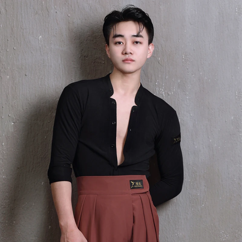 Neue Latin Dance Tops Männer Sexy V-ausschnitt Langarm Hemd Cha Cha Rumba Samba Leistung Tragen Männliche Wettbewerb Kleidung DNV13787