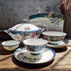 Bone china tableware Chinese style pastoral style 4.5 inch rice bowl flower bird embossed flower 8 inch plate 12 inch fish plate