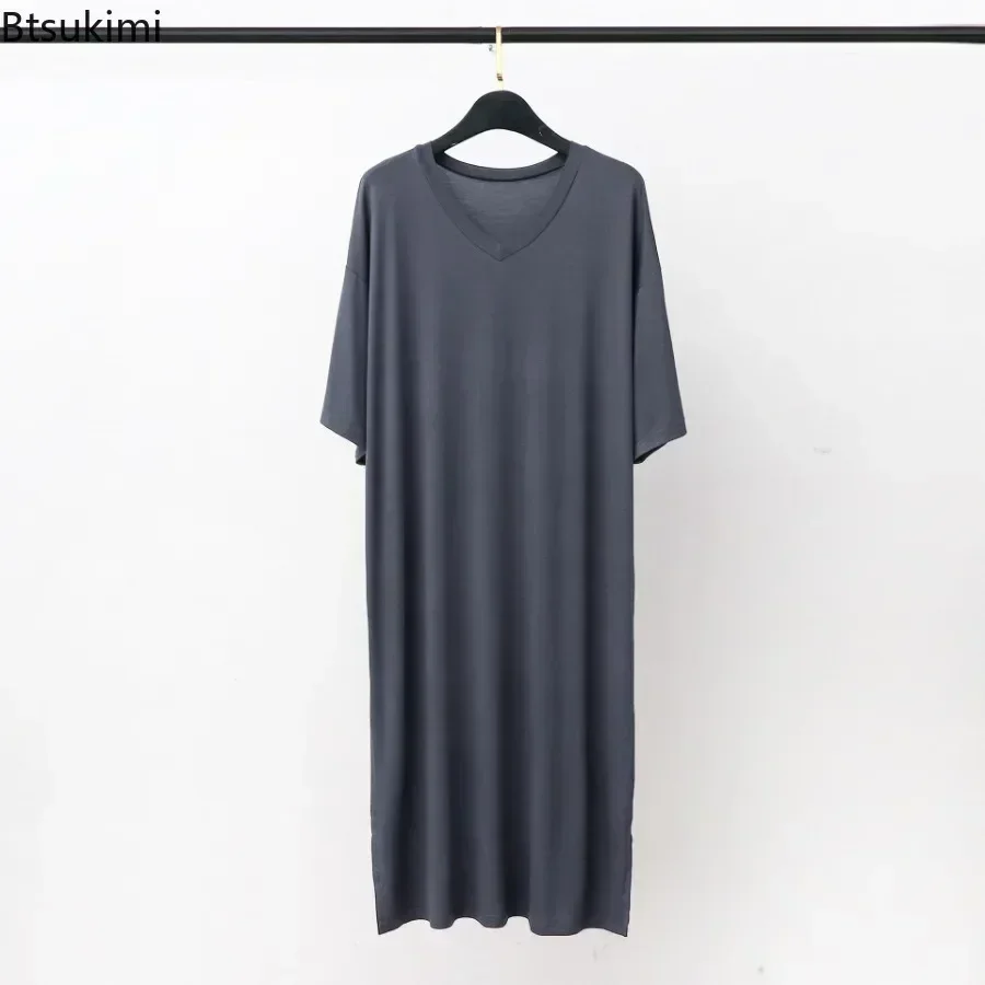 2025 Men's Modal Pajamas Home Clothes Short-sleeved V-neck Mid-length One-piece Nightgown Summer Men's Solid Loose Thin Bathrobe