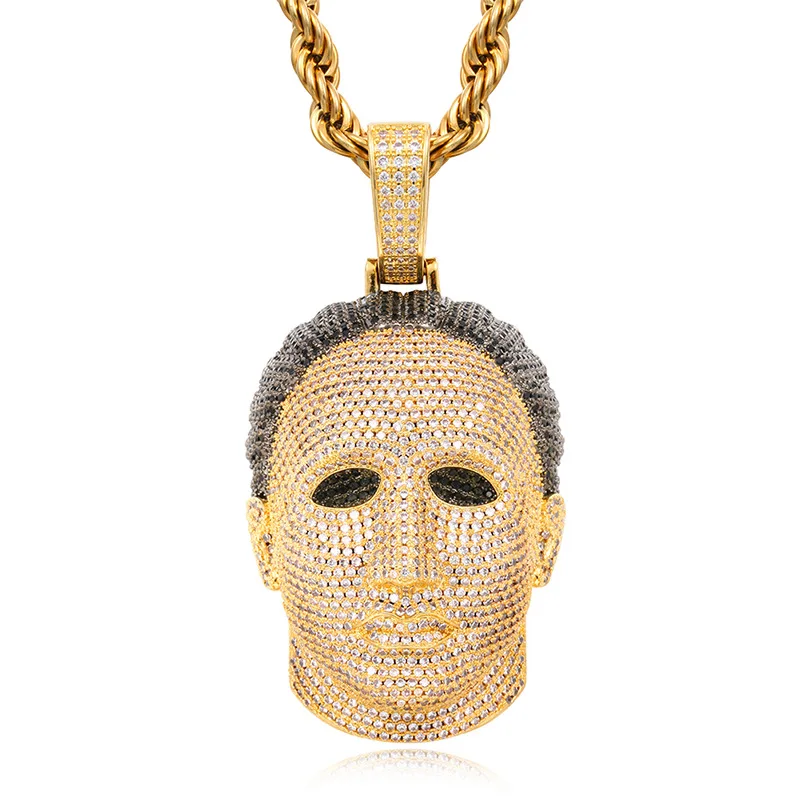 Iced Out Human Head Pendant Necklace Hip Hop Full Zircon Unisex Cuban Chain Nightclub Party Jewelry Trendy Essential